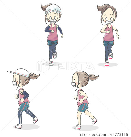 一個女人帶著面具跑步的正面和側面 一個女人帶著面具跑步的正面和側面 69773116