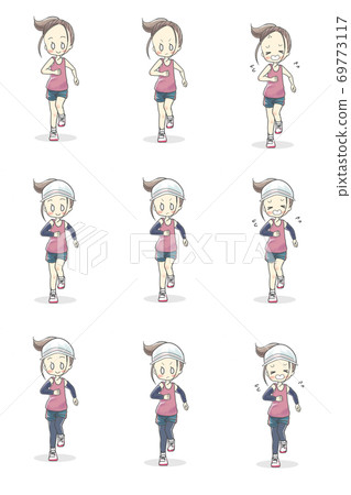 收集跑步婦女的衣服和麵部表情(正面) 收集跑步婦女的衣服和麵部表情(正面) 69773117