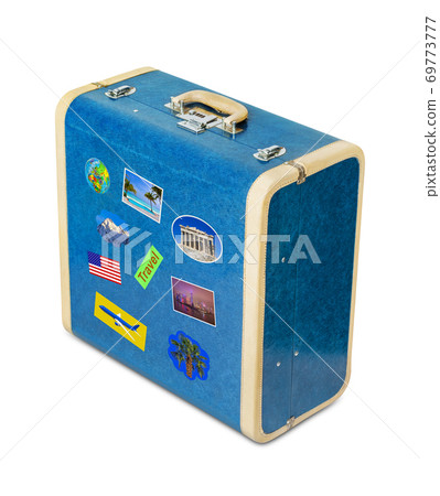 Vintage suitcase with travel stickers Vintage suitcase with travel stickers 69773777