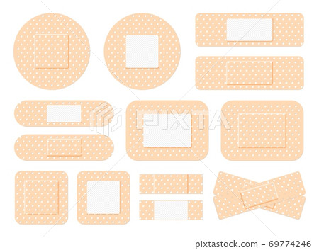 Medical plaster. First aid band plaster strip medical patch. Wound cross plastering band and porous bandage plasterers Medical plaster. First aid band plaster strip medical patch. Wound cross plastering band and porous bandage plasterers 69774246