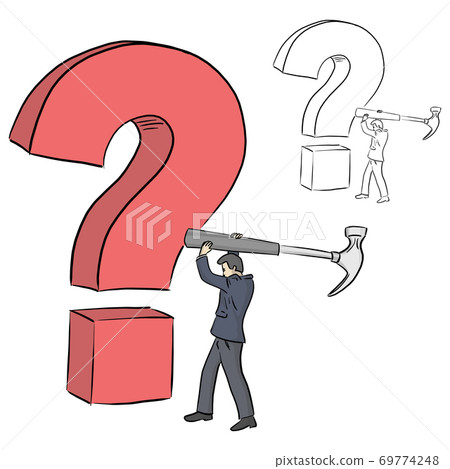 Businessman holding a big hammer to crash red question mark vector illustration sketch doodle hand drawn with black lines isolated on white background 69774248
