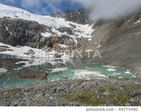 summer view of the Sulzenauferner Glacier and turquoise glacial lake and waterfall from melting ice. Stubai Alps, Austria 69775480