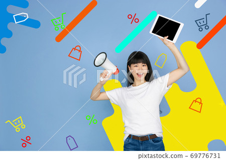 Asian woman's portrait isolated on bright, modern illustrated background. Asian woman's portrait isolated on bright, modern illustrated background. 69776731