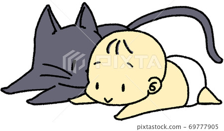 一個熟睡的嬰兒和一隻黑貓嗅 一個熟睡的嬰兒和一隻黑貓嗅 69777905