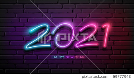 2021 Neon Light number, happy new year, design on block wall black background 2021 Neon Light number, happy new year, design on block wall black background 69777948