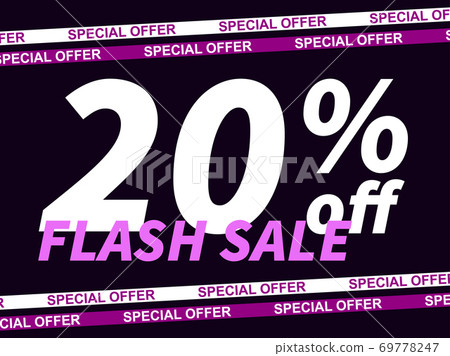 Flash sale, special offer 20% off. Sale tape ribbon and text on black background. Black friday. Design for promotional items, coupon and gift cards. Vector illustration Flash sale, special offer 20% off. Sale tape ribbon and text on black background. Black friday. Design for promotional items, coupon and gift cards. Vector illustration 69778247