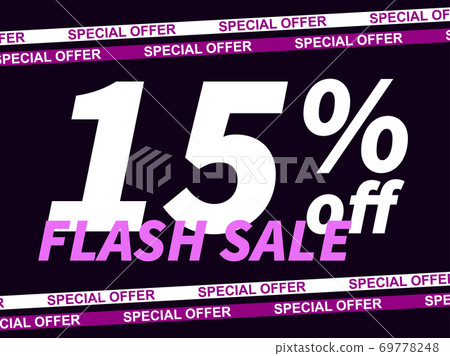 Flash sale, special offer 15% off. Sale tape ribbon and text on black background. Black friday. Design for promotional items, coupon and gift cards. Vector illustration Flash sale, special offer 15% off. Sale tape ribbon and text on black background. Black friday. Design for promotional items, coupon and gift cards. Vector illustration 69778248
