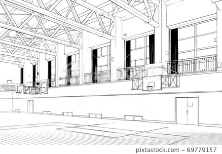 Cartoon Pen Drawing Illustration School_Gymnasium Cartoon Pen Drawing Illustration School_Gymnasium 69779157