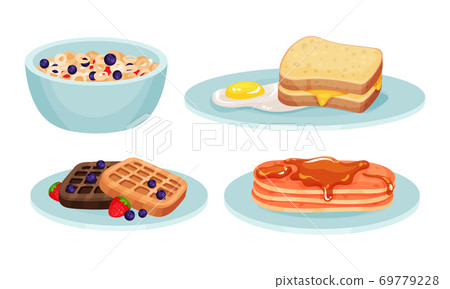 Cereal in Bowl and Waffle with Berries Served on Plates Vector Set 69779228