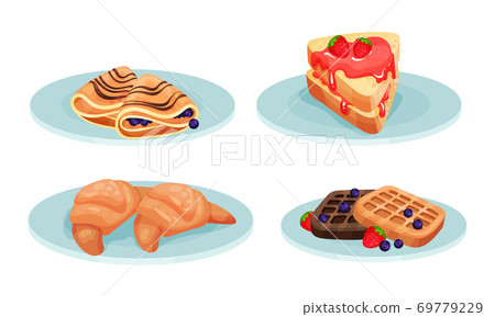 Crepe with Blueberries and Sandwich with Jam Served on Plates Vector Set 69779229