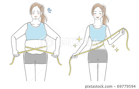 Illustration of a young woman measuring her waist with a major before after 69779594