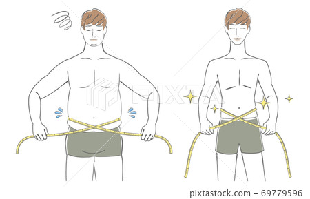 Illustration of a young man measuring his waist with a major before after 69779596