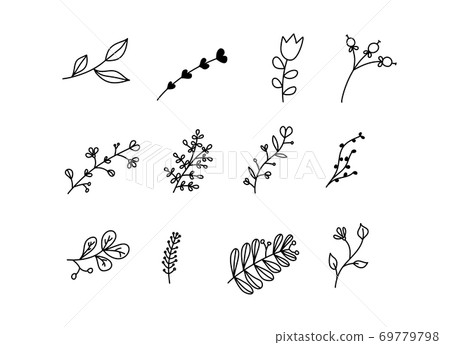 Set of vector sketches and line doodles logo. Hand drawn design elements isolated flowers, leaves, herbs for decoration prints, labels, patterns. Illustration coloring book Set of vector sketches and line doodles logo. Hand drawn design elements isolated flowers, leaves, herbs for decoration prints, labels, patterns. Illustration coloring book 69779798