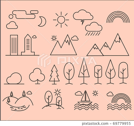 Set of linear icons of city landscape elements. 69779955