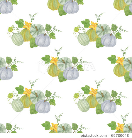 Pumpkin and leaves seamless pattern traditional autumn vegetable watercolor hand drawn illustration for autumn holidays wrapping gift paper, greeting cards seasonal fall rustic repeat ornament  69780048