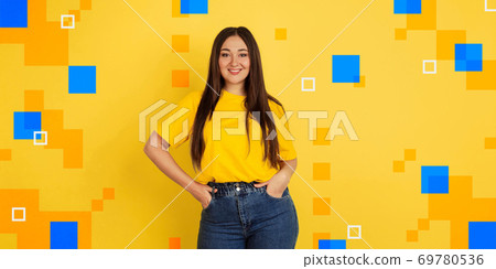 Caucasian woman's portrait isolated on bright, modern illustrated background. 69780536