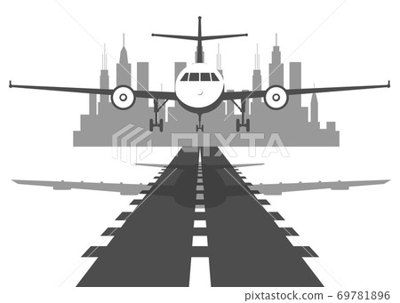 Passenger plane fly up over take-off runway from airport at sunset. Flat design illustration. 69781896
