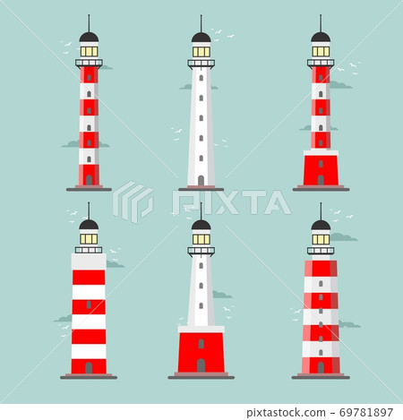 Set of cartoon lighthouses. Searchlight towers for maritime navigational guidance 69781897