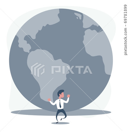 Businessman running away from planet earth that is rolling down to him. Climate change concept Businessman running away from planet earth that is rolling down to him. Climate change concept 69781899