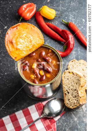 Chili con carne. Mexican food with beans in can 69782377