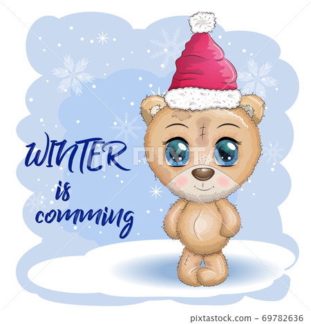 Cute cartoon bear with big eyes in a Christmas... - Stock Illustration ...