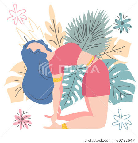 Woman in a pose of a camel Ushtrasana . Yoga, concept of meditation, health benefits for the body, control of the mind and emotions. Woman in a pose of a camel Ushtrasana . Yoga, concept of meditation, health benefits for the body, control of the mind and emotions. 69782647