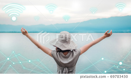 Technology wifi concept. Network connection or phone signal symbol with young asian woman wearing a hat and raising her arms outstretched with lakes and mountains 69783430