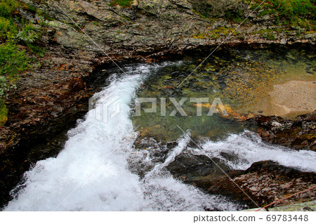 A small waterfall seen from a wooden bridge along the bike path from Myrdal Station in Norway to Vatnaharsen Station A small waterfall seen from a wooden bridge along the bike path from Myrdal Station in Norway to Vatnaharsen Station 69783448
