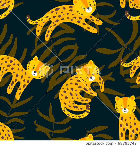 Jungle seamless pattern with leopards. Tropical vector illustration in flat style 69783742