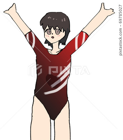Gymnast with black hair finish pose Gymnast with black hair finish pose 69785027