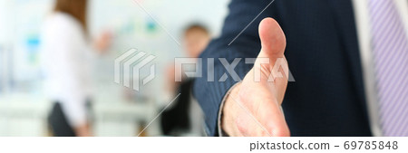 Businessman in suit and tie offering hand to shake to visitor 69785848