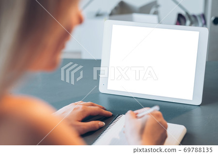 elearning webinar woman tablet blank white screen elearning webinar woman tablet blank white screen 69788135