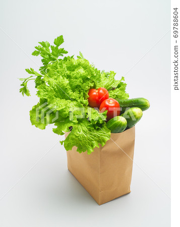 Healthy food. Fresh herbs and vegetables in kraft paper bag on white background 69788604