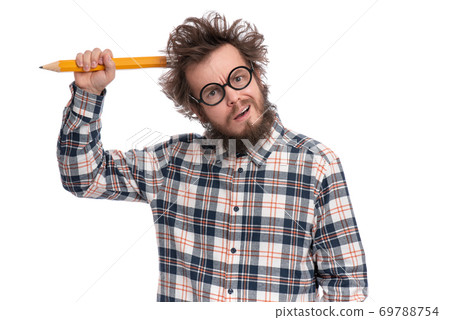 Crazy bearded man with big pencil Crazy bearded man with big pencil 69788754