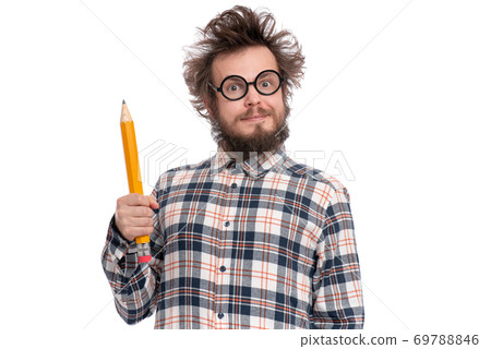 Crazy bearded man with big pencil 69788846