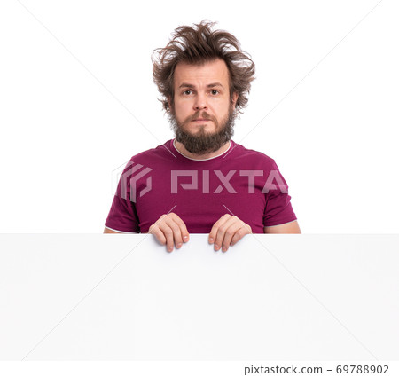 Crazy man with blank signboard 69788902