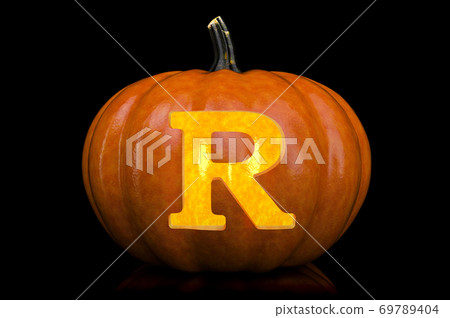 Glowing Letter R carved in pumpkin. Halloween font on black background, 3D rendering Glowing Letter R carved in pumpkin. Halloween font on black background, 3D rendering 69789404