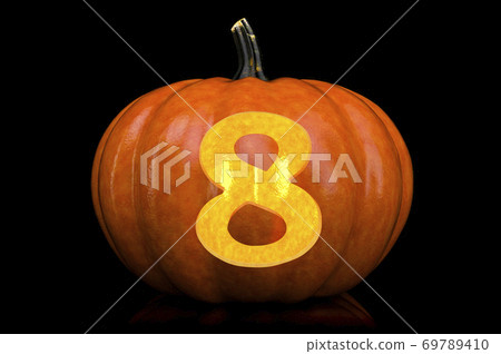 Number 8 carved in pumpkin. Halloween font on black background, 3D rendering Number 8 carved in pumpkin. Halloween font on black background, 3D rendering 69789410