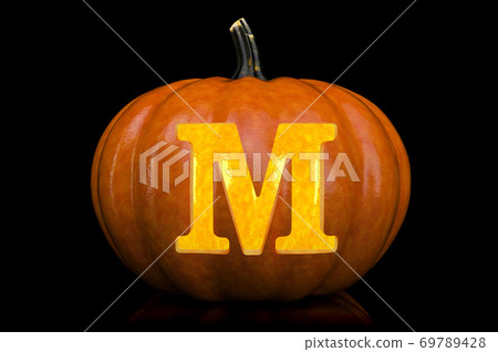 Glowing Letter M carved in pumpkin. Halloween font on black background, 3D rendering Glowing Letter M carved in pumpkin. Halloween font on black background, 3D rendering 69789428