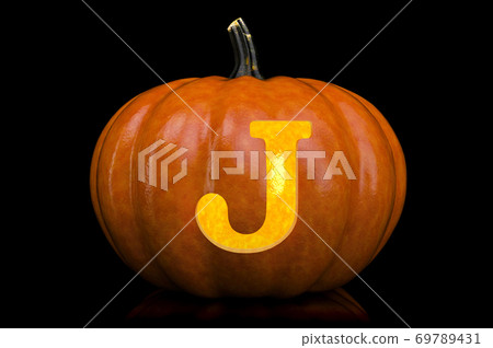 Glowing Letter J carved in pumpkin. Halloween font on black background, 3D rendering 69789431