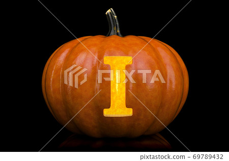 Glowing Letter I carved in pumpkin. Halloween font on black background, 3D rendering Glowing Letter I carved in pumpkin. Halloween font on black background, 3D rendering 69789432