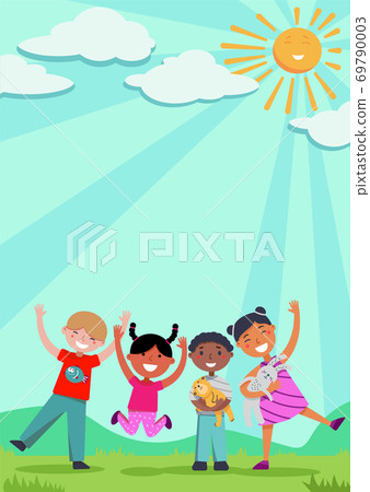 Group of happy kids on summer meadow outdoors Group of happy kids on summer meadow outdoors 69790003