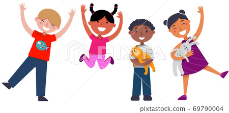 Happy Boys and girls are playing together. Group of Multicultural happy children waving Happy Boys and girls are playing together. Group of Multicultural happy children waving 69790004