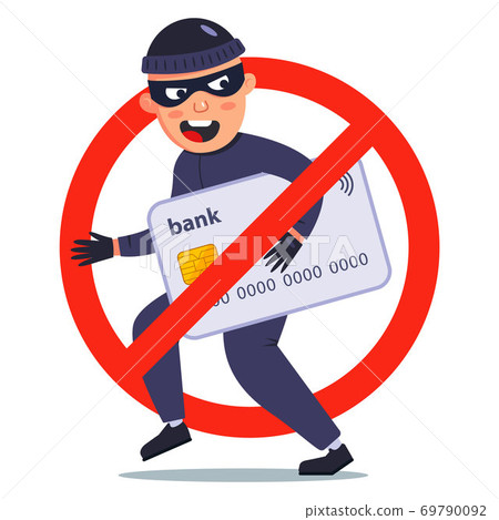 protection against theft of a bank card. a fraudster stole money. flat vector character illustration. 69790092