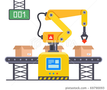 industrial yellow robot on the conveyor for packaging goods. flat vector illustration isolated on white background. industrial yellow robot on the conveyor for packaging goods. flat vector illustration isolated on white background. 69790093