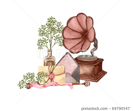Vintage illustration isolated on white. Hand Drawn watercolor composition of dried twig, gramophone, love letter, old key. Antique objects on white Vintage illustration isolated on white. Hand Drawn watercolor composition of dried twig, gramophone, love letter, old key. Antique objects on white 69790547