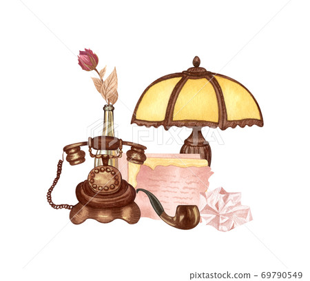 Vintage illustration isolated on white. Hand Drawn watercolor of dried rose, desk lemp, love letter, old phone, pipe. Antique objects on white Vintage illustration isolated on white. Hand Drawn watercolor of dried rose, desk lemp, love letter, old phone, pipe. Antique objects on white 69790549