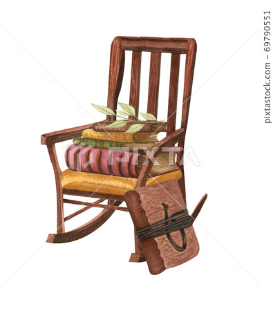 Vintage illustration isolated on white. Hand Drawn watercolor composition books, letter, rocking chair. Old objects. Reader. Vintage illustration isolated on white. Hand Drawn watercolor composition books, letter, rocking chair. Old objects. Reader. 69790551