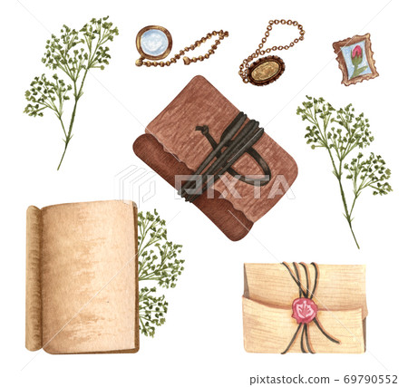 Vintage paper set isolated on white. Hand Drawn watercolor illustration open book, letters, necklase, dried twig, stamp. Antique objects on white Vintage paper set isolated on white. Hand Drawn watercolor illustration open book, letters, necklase, dried twig, stamp. Antique objects on white 69790552