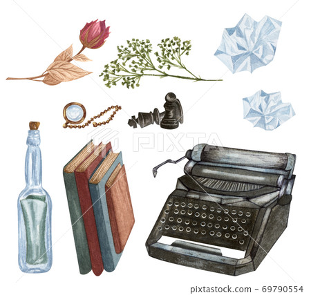 Vintage set isolated on white. Hand Drawn watercolor tipewriter, letter, necklace, books. Antique objects. Writer Vintage set isolated on white. Hand Drawn watercolor tipewriter, letter, necklace, books. Antique objects. Writer 69790554